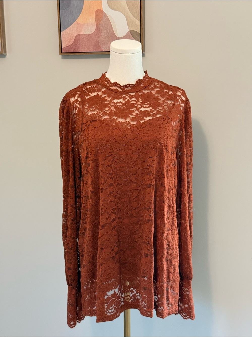 Amazon Rust/Orange Lace Long-Sleeve Top Keyhole Neck NWT